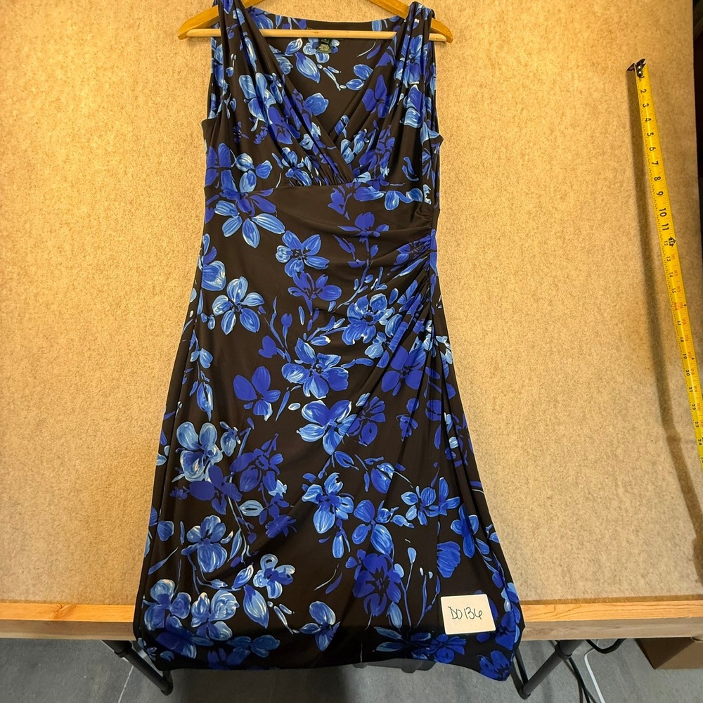 Lauren Ralph Lauren Blue Floral Ruched V-Neck Sheath Dress Womens 10 Black